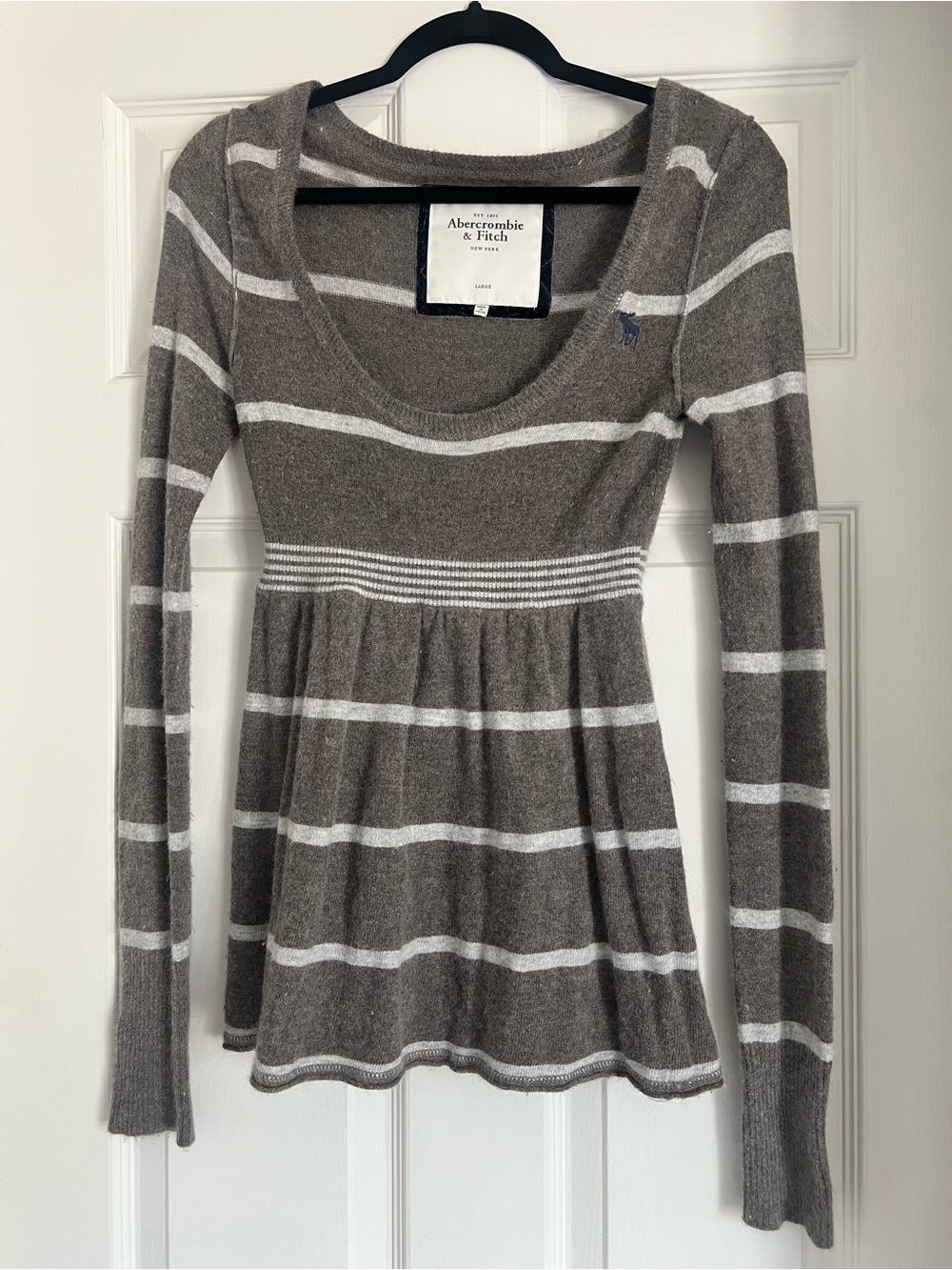 RARE VTG Y2K Abercrombie & Fitch Babydoll Gray Striped Long-Sleeve Knit Top L